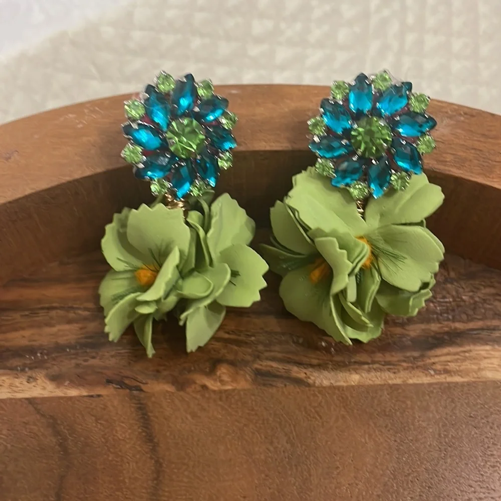 Teal blue lime green crystal flower statement beaded earrings Anthropologie